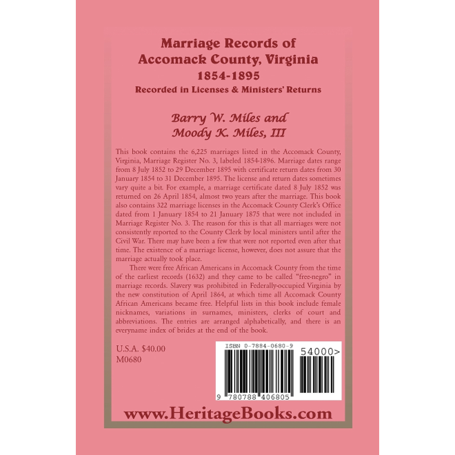 Marriage Records of Accomack County, Virginia, 1854-1895 (Recorded in Licenses and Ministers' Returns) back cover