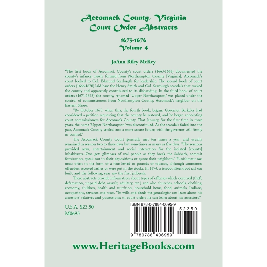 back cover of Accomack County, Virginia Court Order Abstracts, Volume 4: 1673-1676