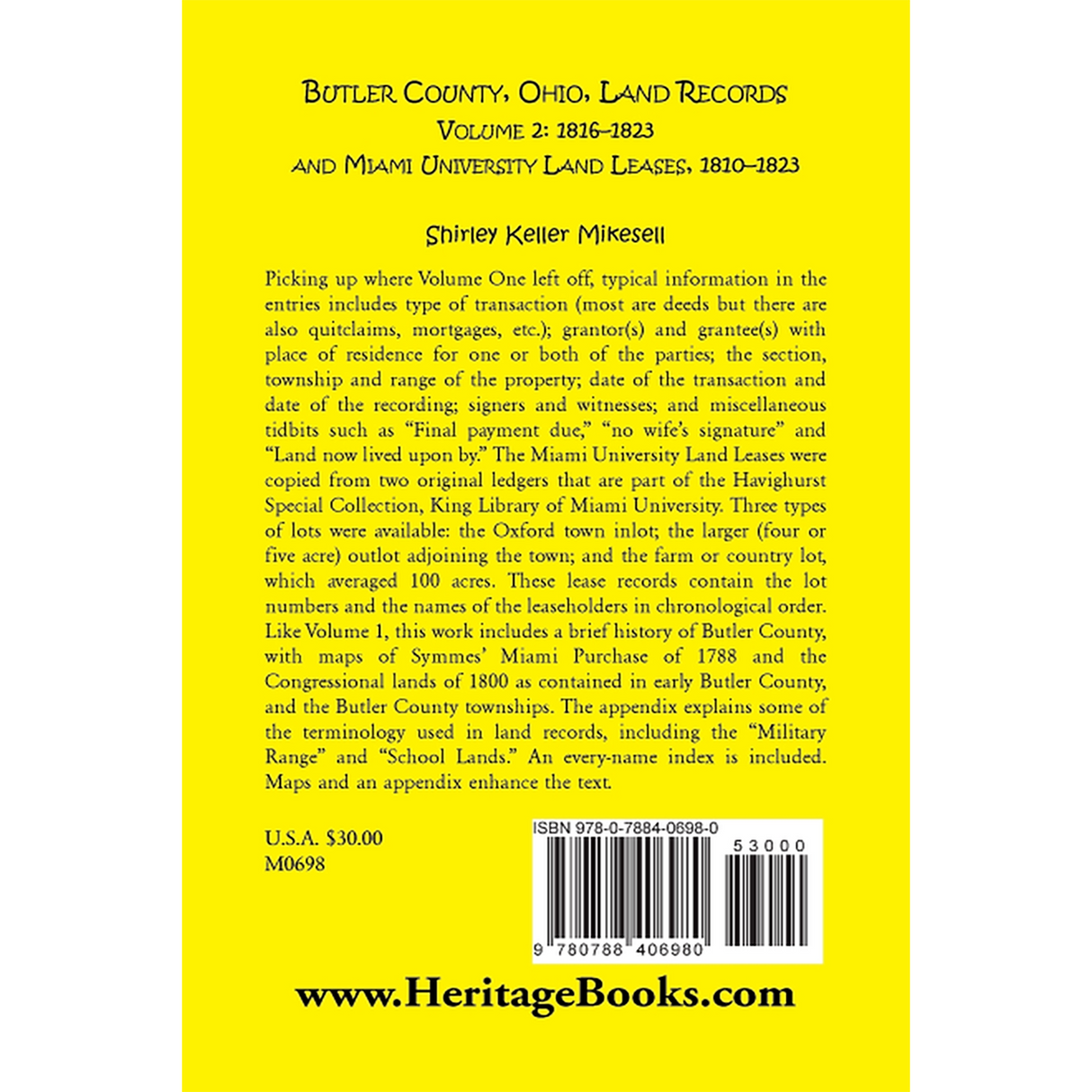 Butler County, Ohio, Land Records, Volume 2: 1816-1823 and Miami University Land Leases 1810-1823 back cover
