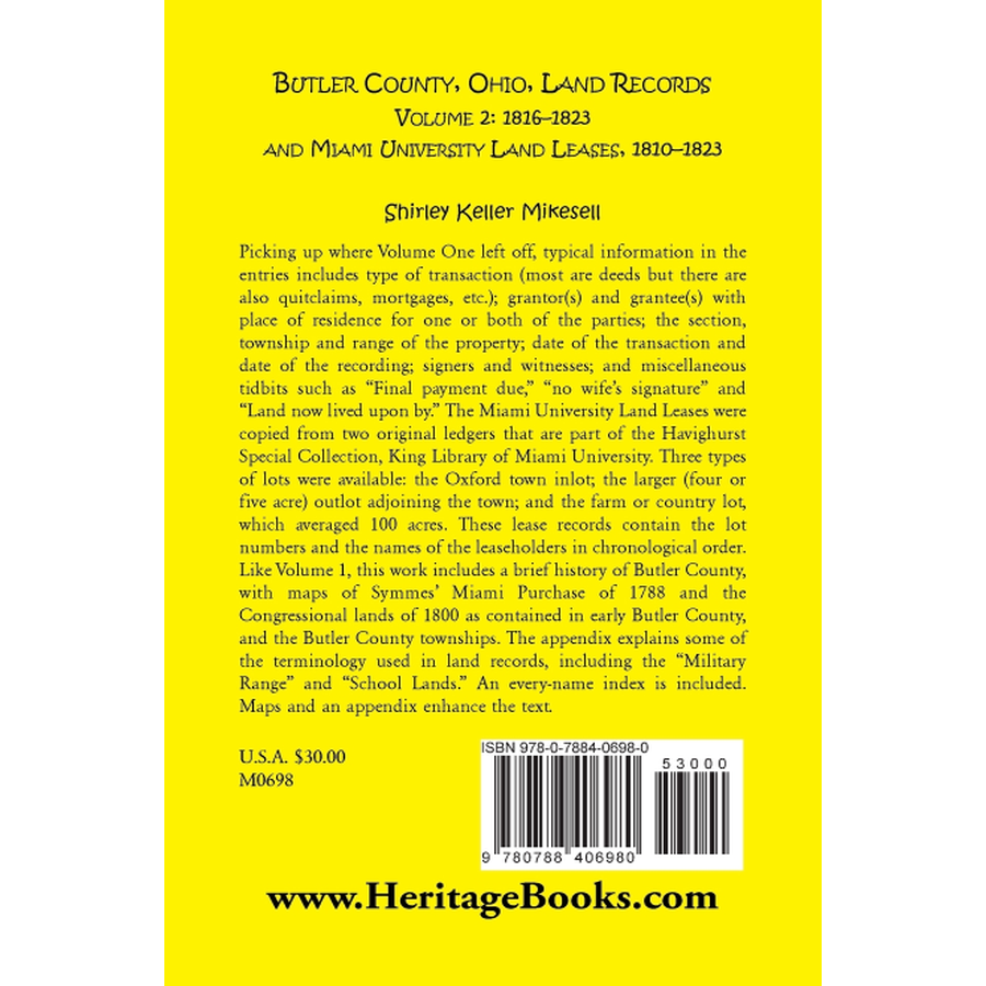 Butler County, Ohio, Land Records, Volume 2: 1816-1823 and Miami University Land Leases 1810-1823 back cover