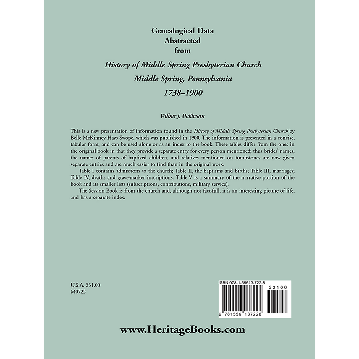 Genealogical Data Abstracted from "History of Middle Spring Presbyterian Church, Middle Spring, Pennsylvania 1738-1900" back cover