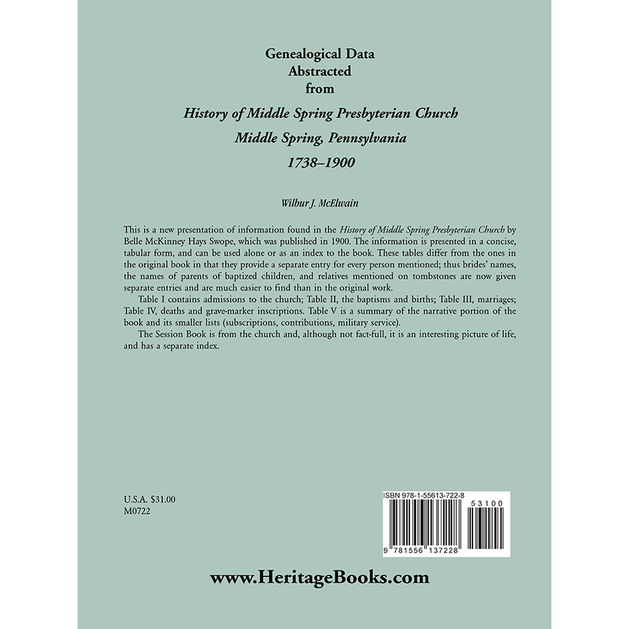 Genealogical Data Abstracted from "History of Middle Spring Presbyterian Church, Middle Spring, Pennsylvania 1738-1900" back cover