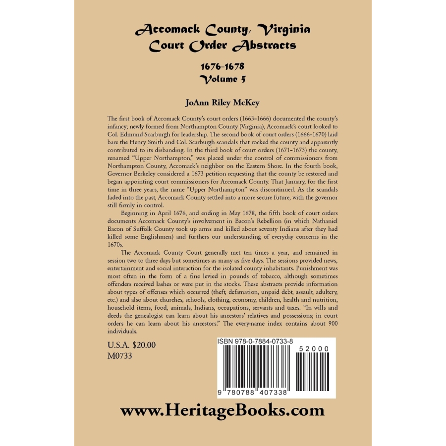back cover of Accomack County, Virginia Court Order Abstracts, Volume 5: 1676-1678