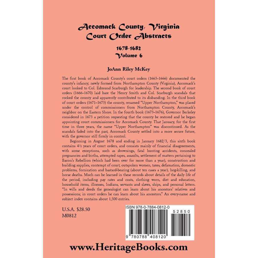back cover of Accomack County, Virginia Court Order Abstracts, Volume 6: 1678-1682/3