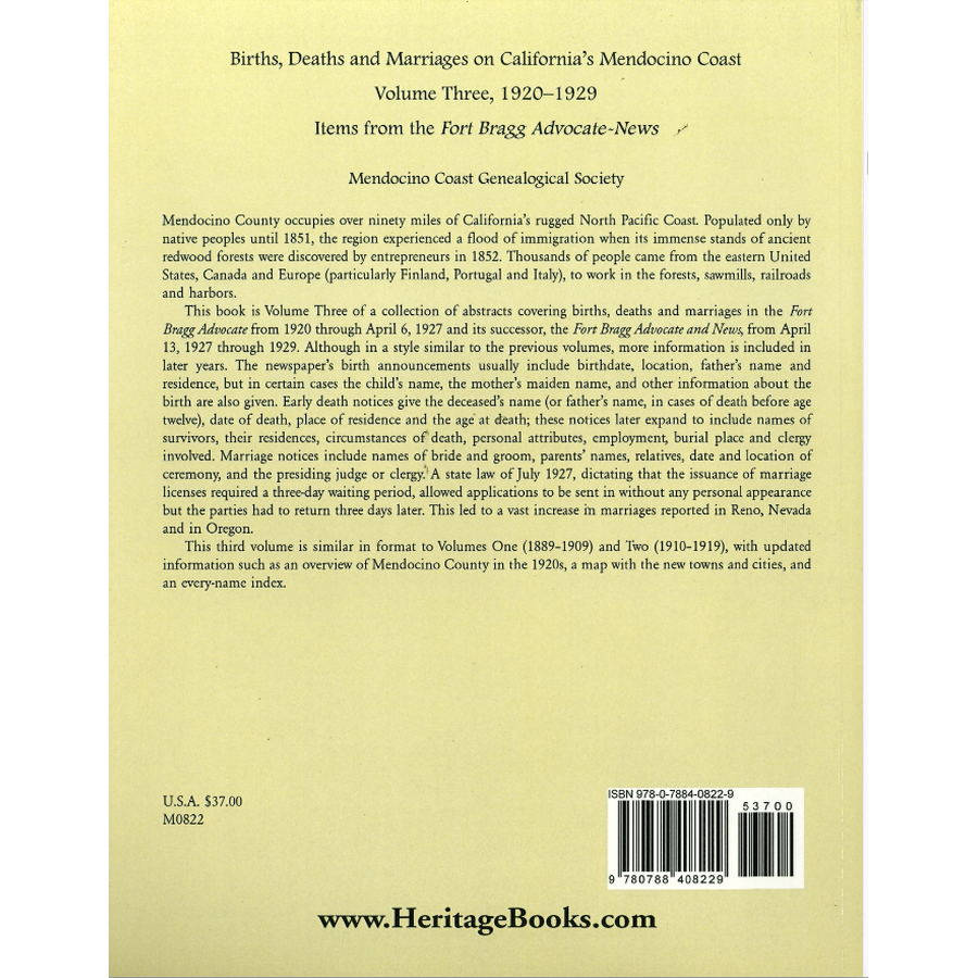 Births, Deaths and Marriages on California's Mendocino Coast, Volume 3, 1920-1929 back cover
