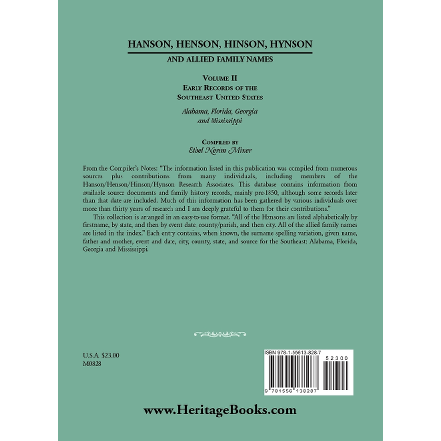 back cover of Hanson, Henson, Hinson, Hynson and Allied Family Names: Volume II: Early Records of the United States: Southeast