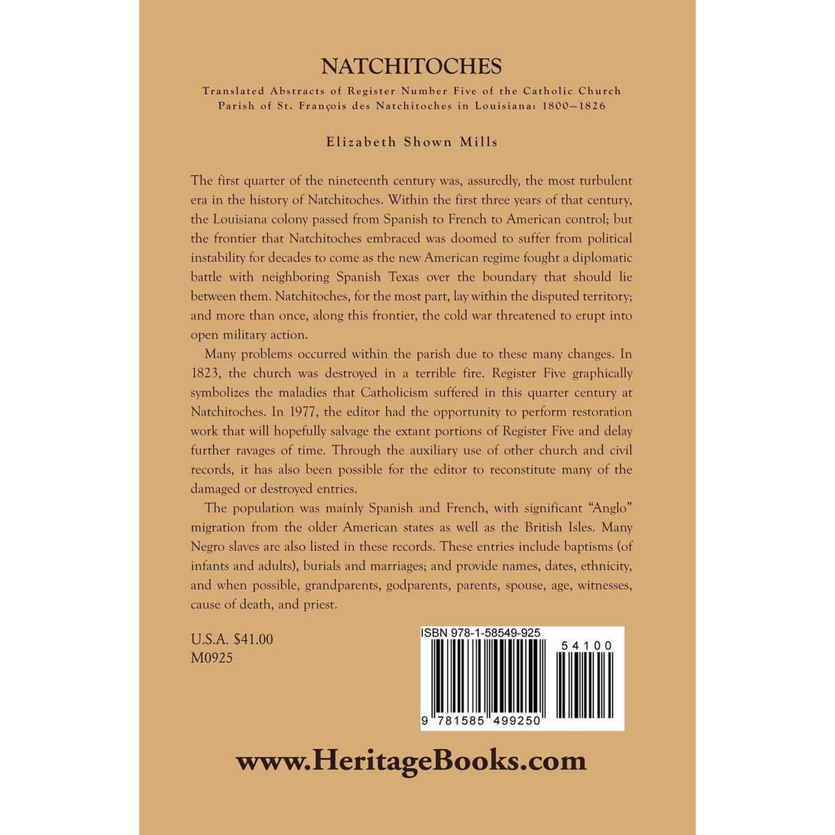 Natchitoches: Translated Abstracts of Register Number Five of the Catholic Church Parish of St. Francois des Natchitoches in Louisiana: 1800-1826 back cover