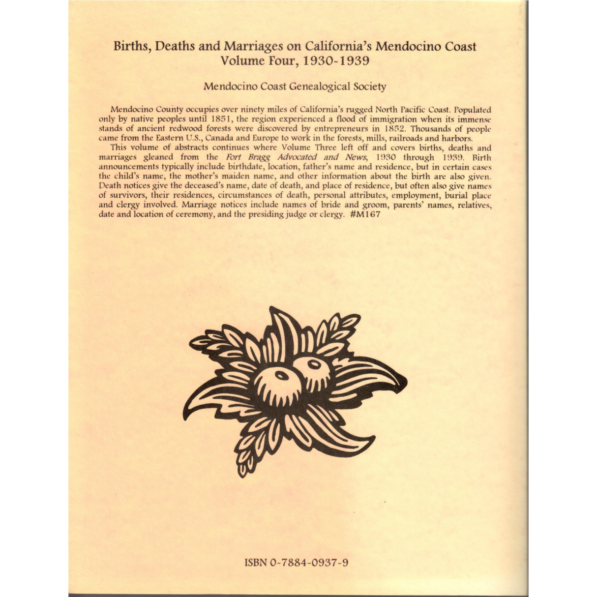 Births, Deaths and Marriages on California's Mendocino Coast, Volume 4, 1930-1939 back cover