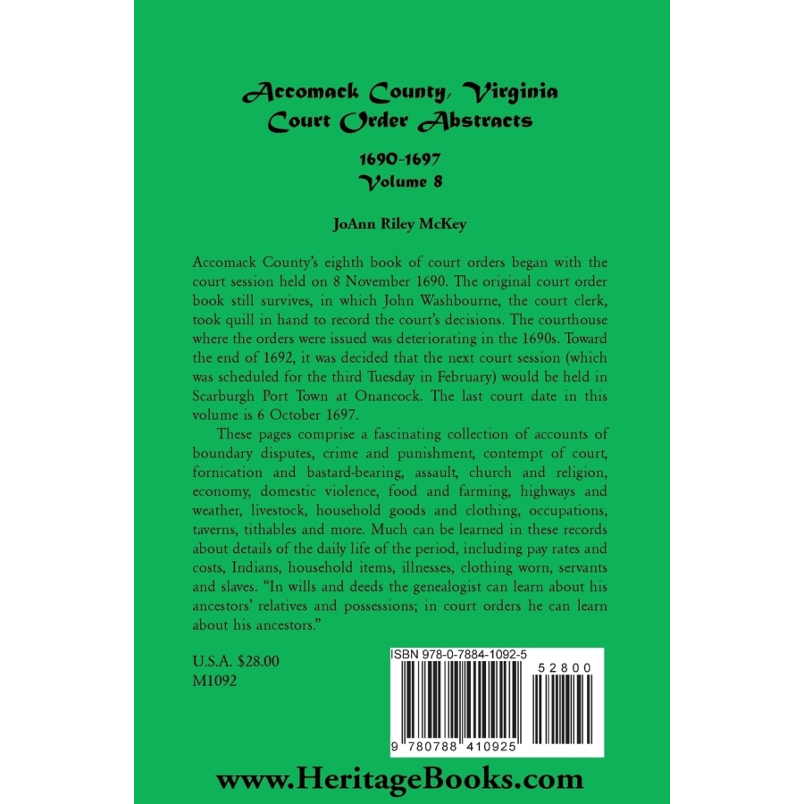 back cover of Accomack County, Virginia Court Order Abstracts, Volume 8: 1690-1697