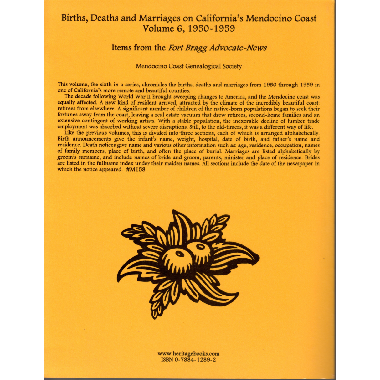 Births, Deaths and Marriages on California's Mendocino Coast, Volume 6, 1950-1959 back cover