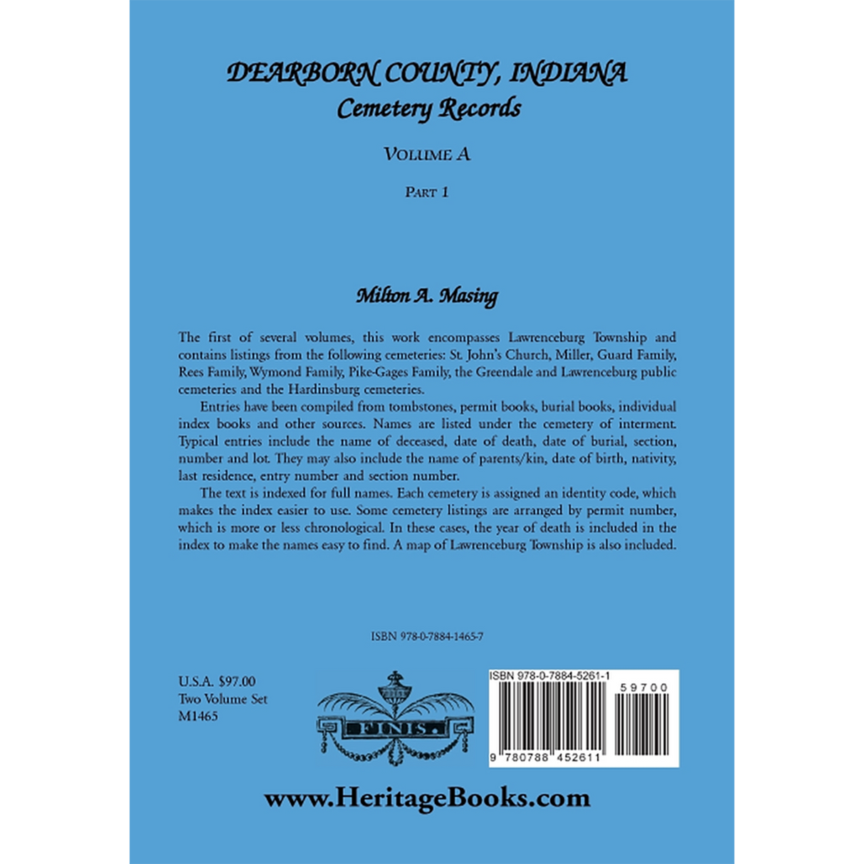 Dearborn County, Indiana, Cemetery Records, Volume A, Part 1: Lawrenceburg Township back cover