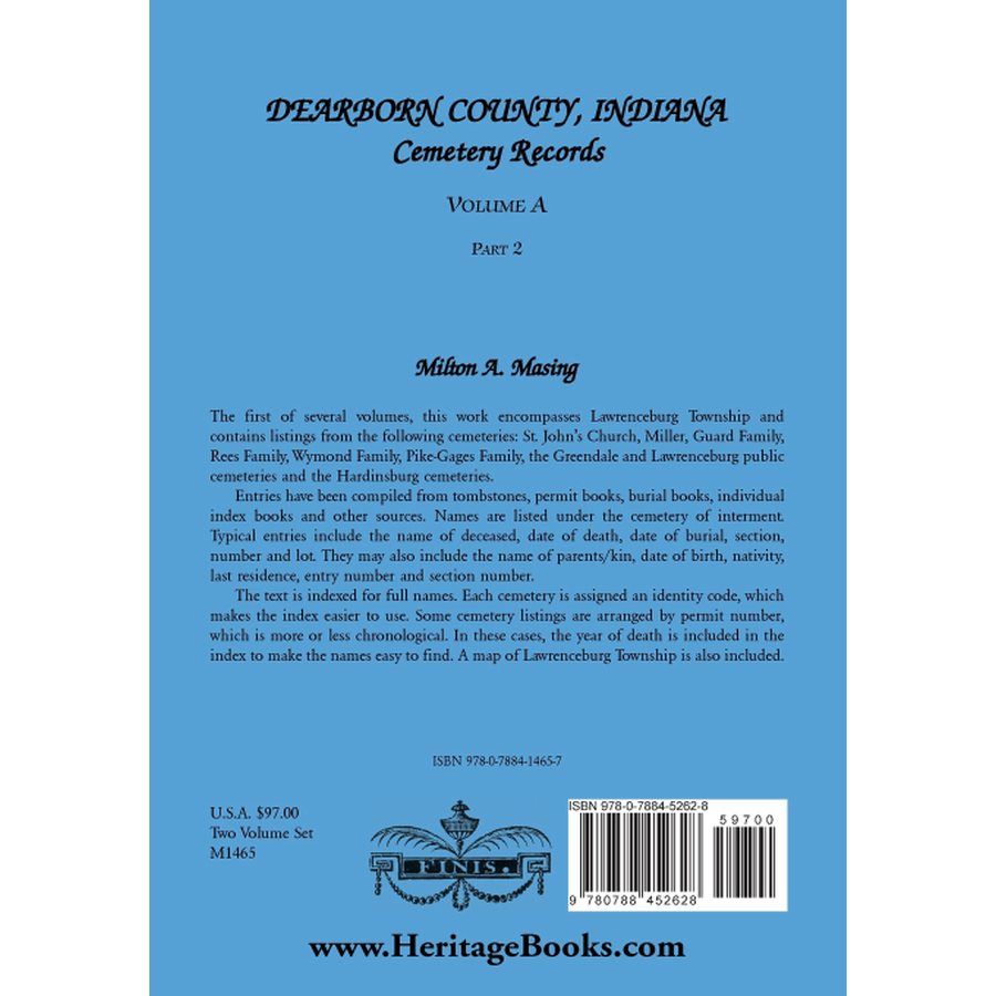 back cover of Dearborn County, Indiana, Cemetery Records, Volume A, Part 2: Lawrenceburg Township