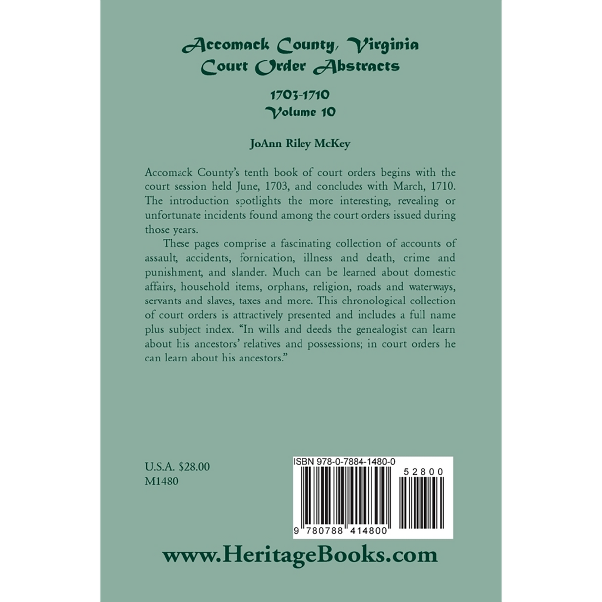 Accomack County, Virginia Court Order Abstracts, Volume 10: 1703-1710 back cover