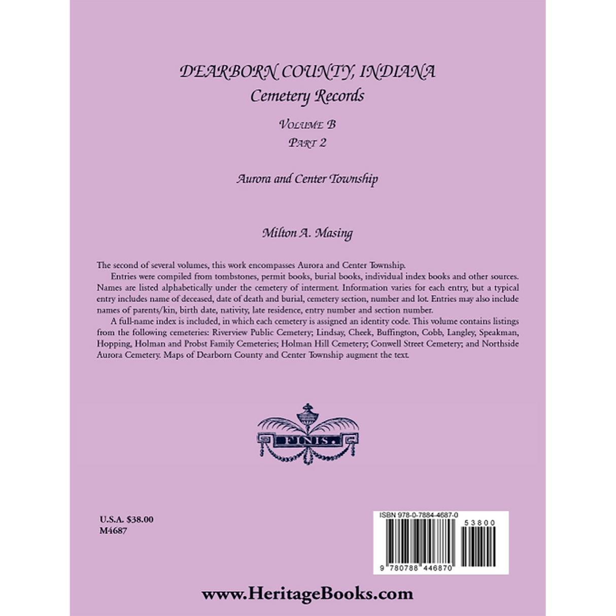 Dearborn County, Indiana, Cemetery Records, Volume B, Part 2 back cover