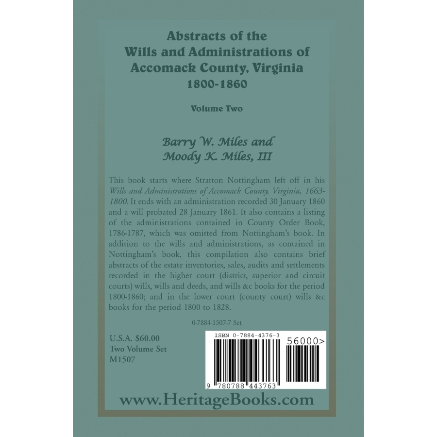 Abstracts of the Wills and Administrations of Accomack County, Virginia, 1800-1860 volume 2 back cover
