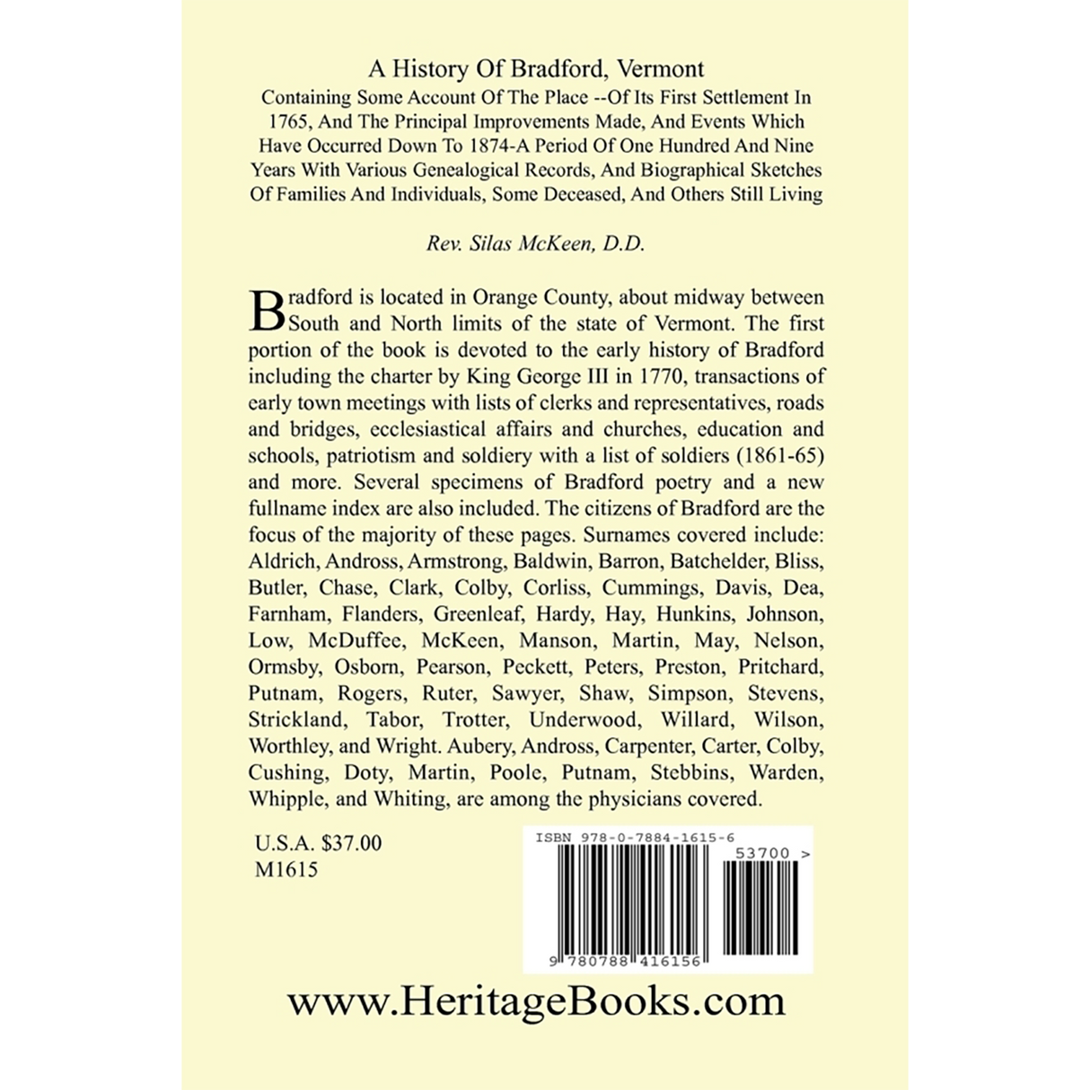 A History of Bradford [Orange County], Vermont back cover