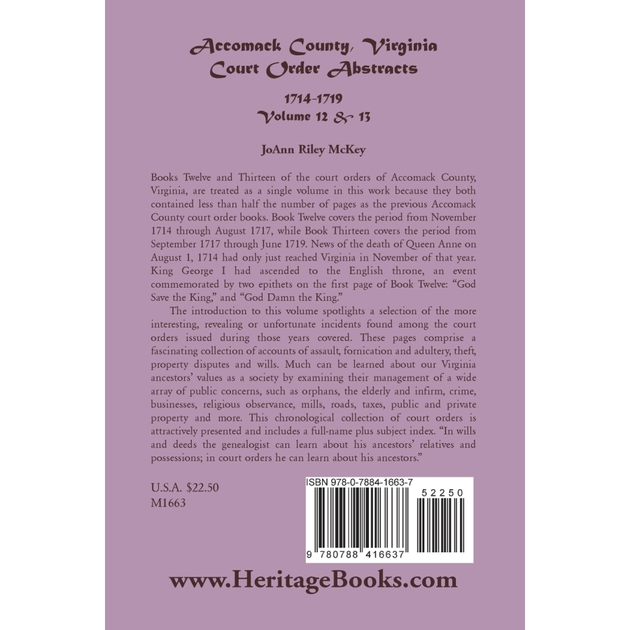 back cover of Accomack County, Virginia Court Order Abstracts, Volumes 12 and 13: 1714-1719