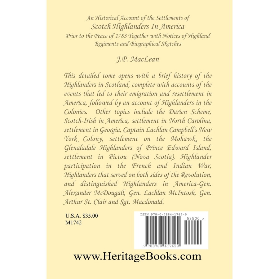 back cover of An Historical Account of the Settlements of Scotch Highlanders In America [paper]