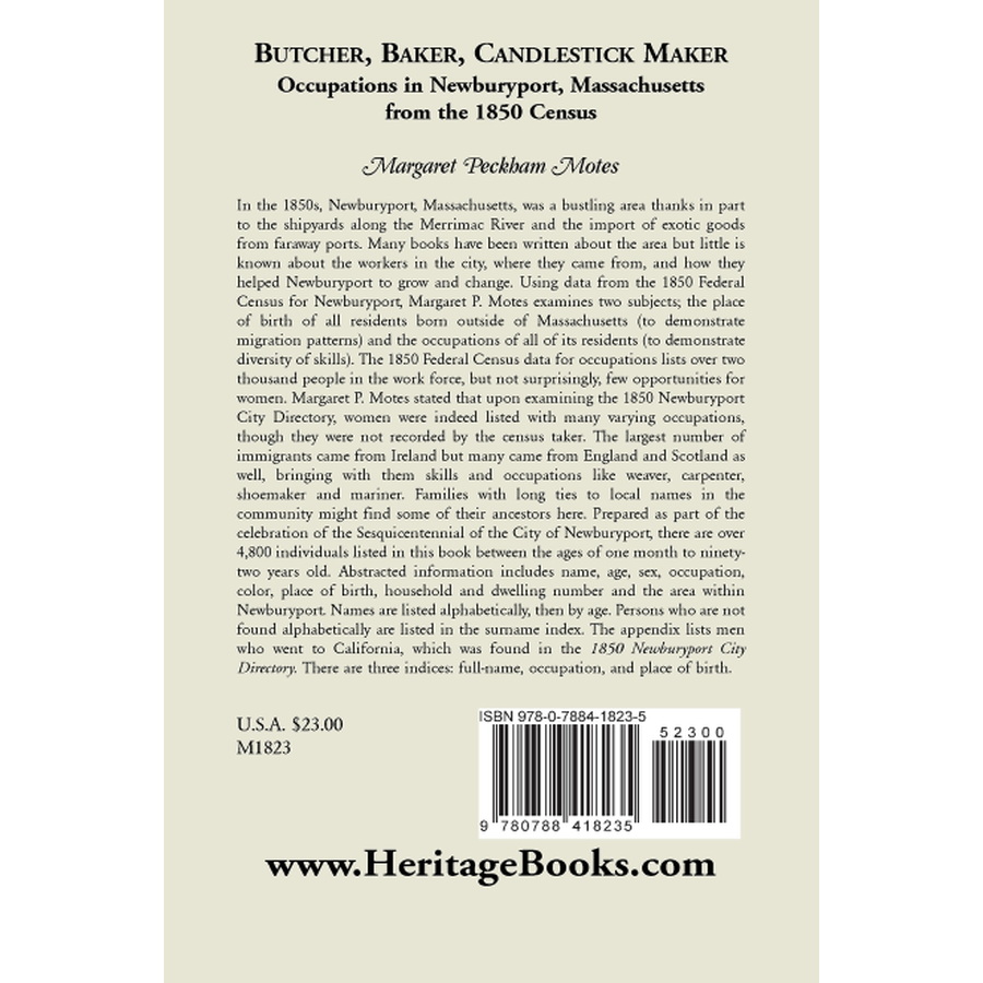 back cover of Butcher, Baker, Candlestick Maker; Occupations in Newburyport, Massachusetts from the 1850 Census