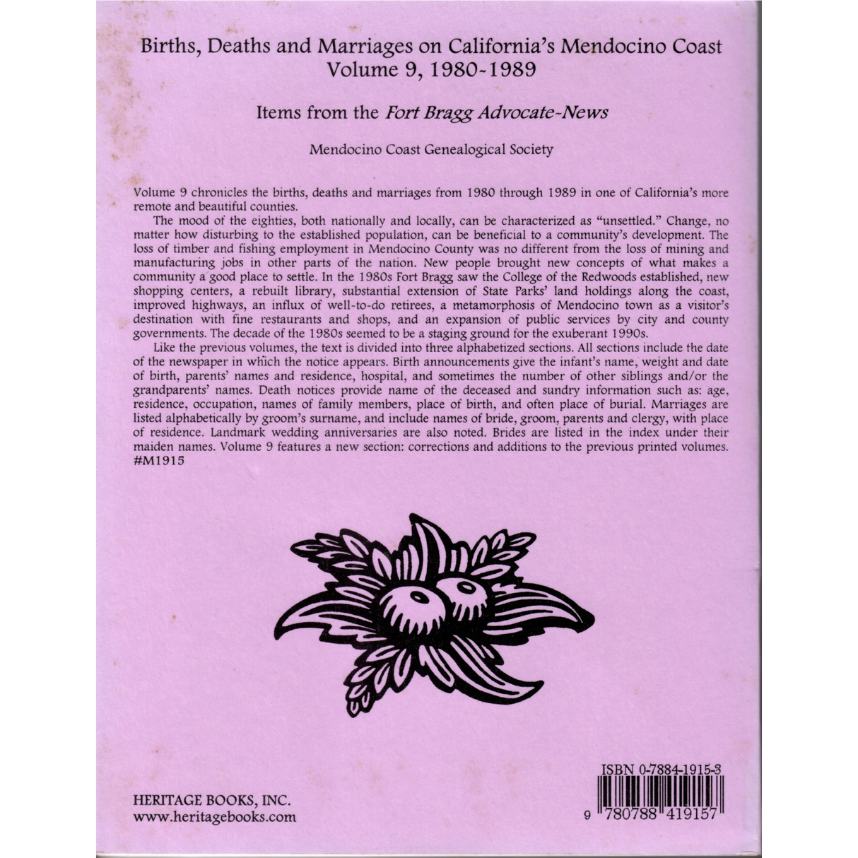 Births, Deaths and Marriages on California's Mendocino Coast, Volume 9, 1980-1989 back cover