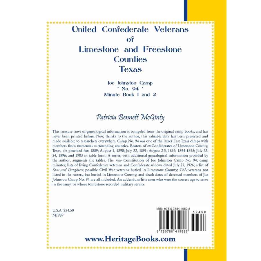 back cover of United Confederate Veterans of Limestone and Freestone Counties, Texas, Joe Johnston Camp, No. 94, Minute Book 1 and 2