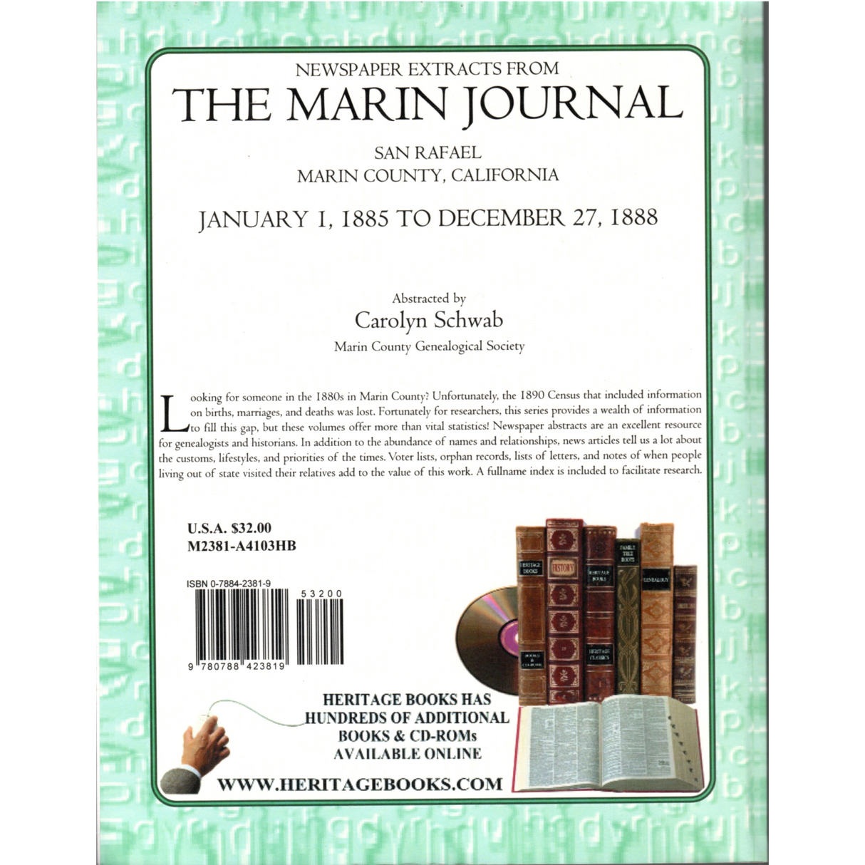 Newspaper Extracts from The Marin Journal, San Rafael, Marin County, California, January 1, 1885 to December 27, 1888 back cover