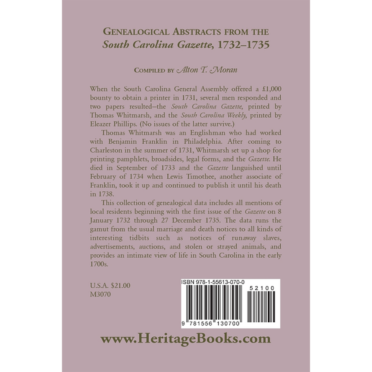 Genealogical Abstracts from the South Carolina Gazette, 1732-1735 back cover