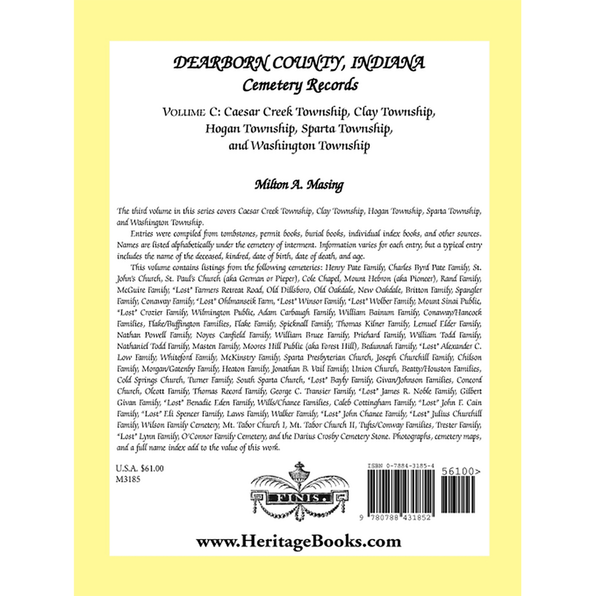 Dearborn County, Indiana, Cemetery Records, Volume C: Caesar Creek, Clay, Hogan, Sparta and Washington Townships back cover