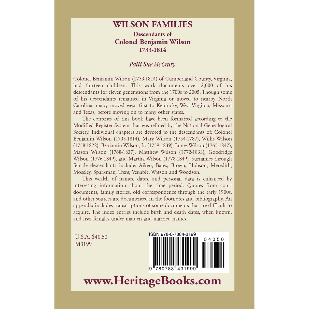 Wilson Families: Descendants of Colonel Benjamin Wilson, 1733-1814 back cover