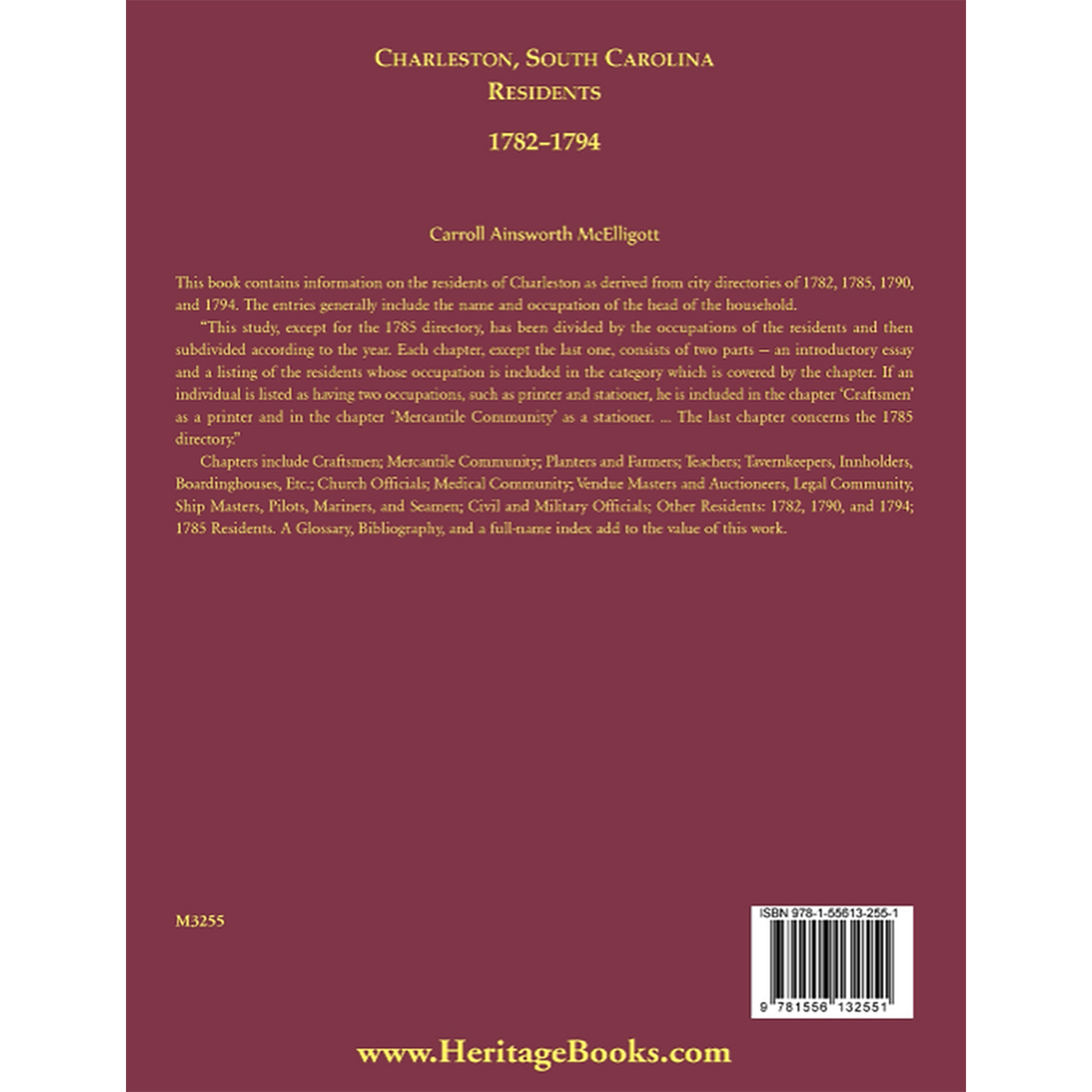 Charleston, South Carolina Residents, 1782-1794 back cover