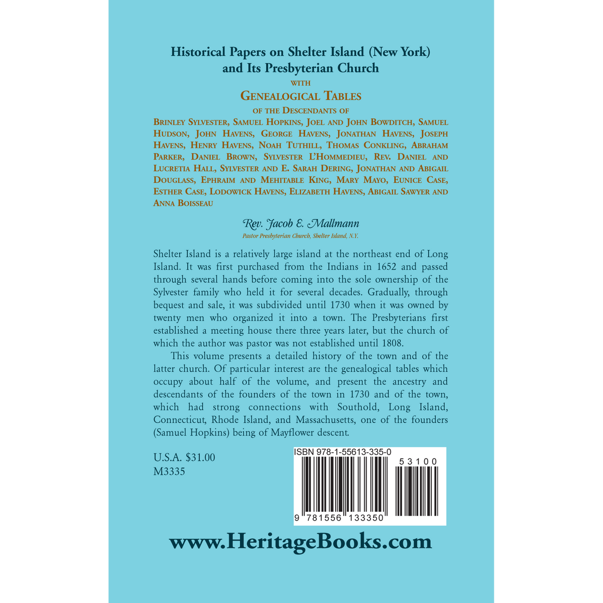 Historical Papers on Shelter Island (New York) and Its Presbyterian Church with Genealogical Tables back cover