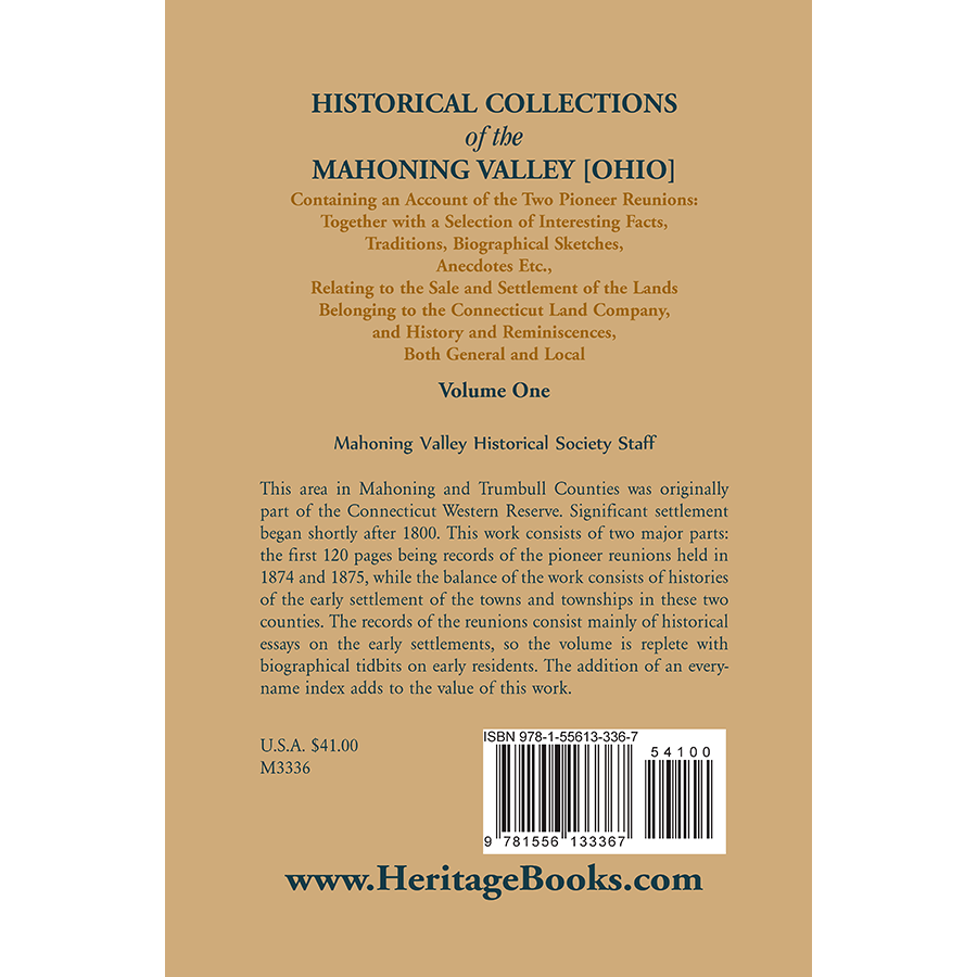 Historical Collections of the Mahoning Valley [Ohio] back cover