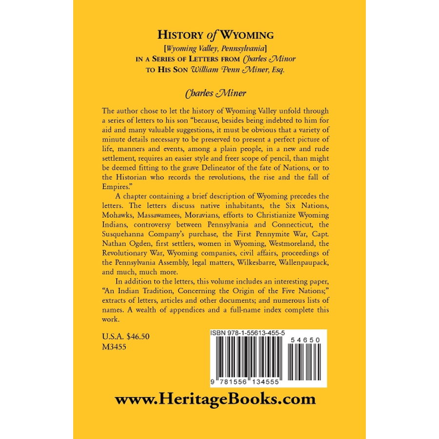 back cover of History of Wyoming [Valley, Pennsylvania] in a Series of Letters from Charles Minor to His Son William Penn Miner, Esq.