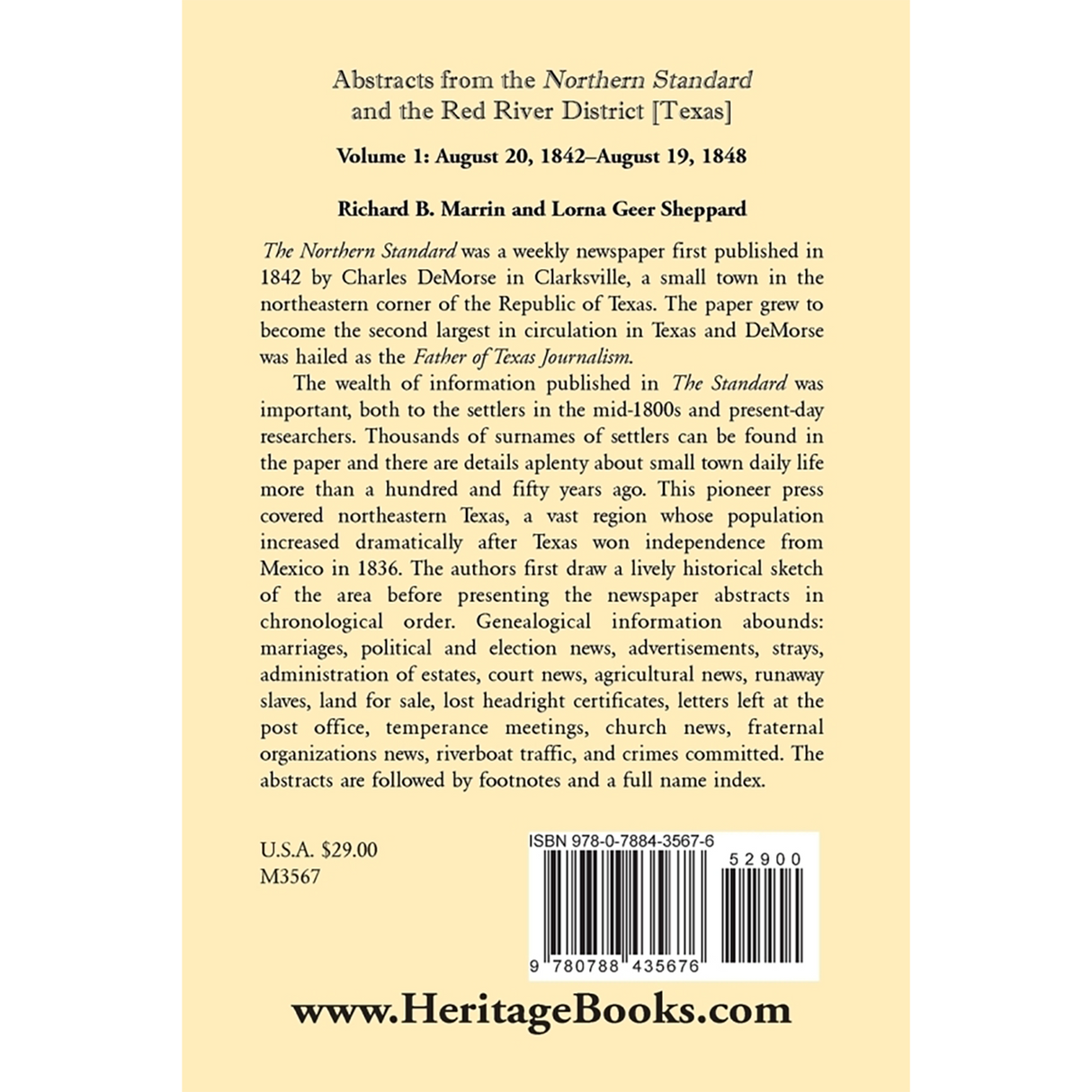 Abstracts from the Northern Standard and The Red River District [Texas]: August 20, 1842-August 19, 1848 back cover