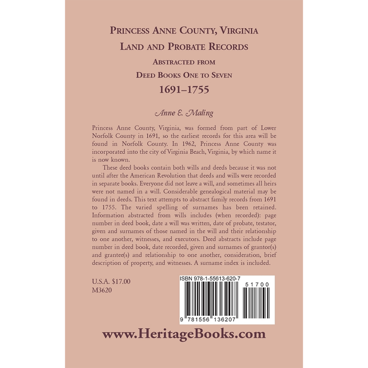 Princess Anne County, Virginia Land and Probate Records Abstracted from Deed Books 1-7 back cover