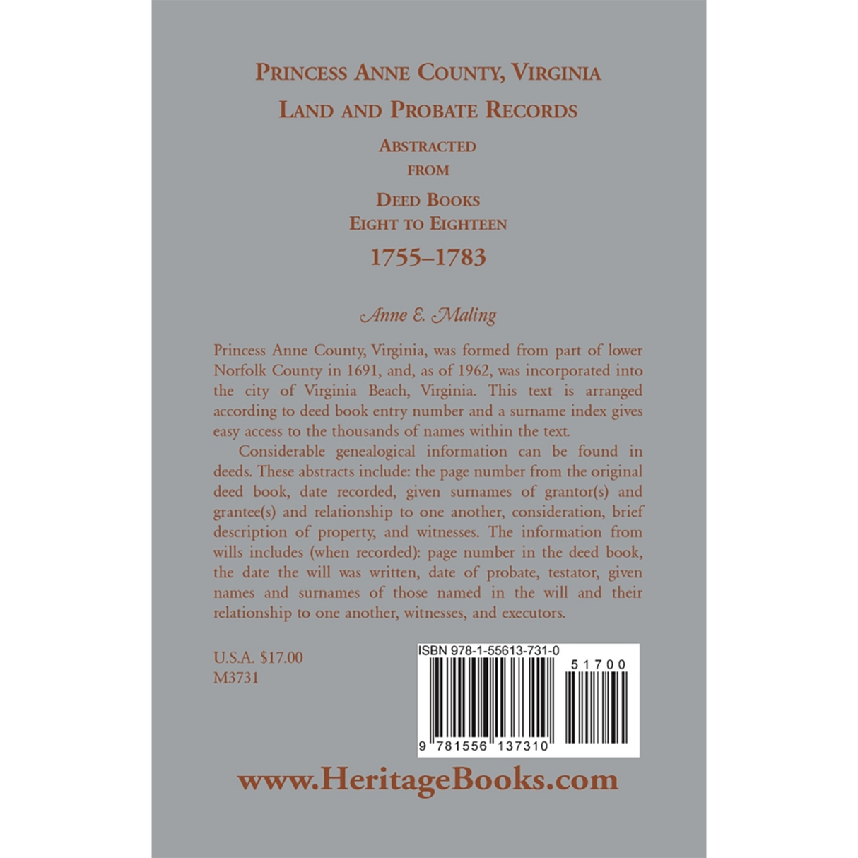 Princess Anne County, Virginia Land and Probate Records Abstracted from Deed Books 8-18 back cover
