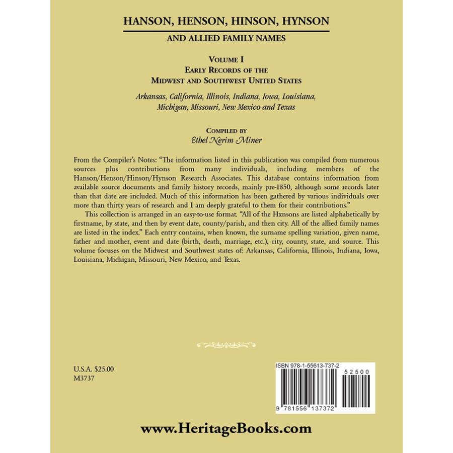 back cover of Hanson, Henson, Hinson, Hynson and Allied Family Names: Early Records of the Midwest and Southwest United States