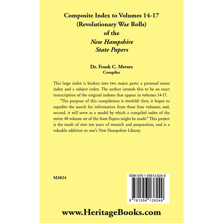 Composite Index to Volumes 14-17 (Revolutionary War Rolls) of the New Hampshire State Papers back cover