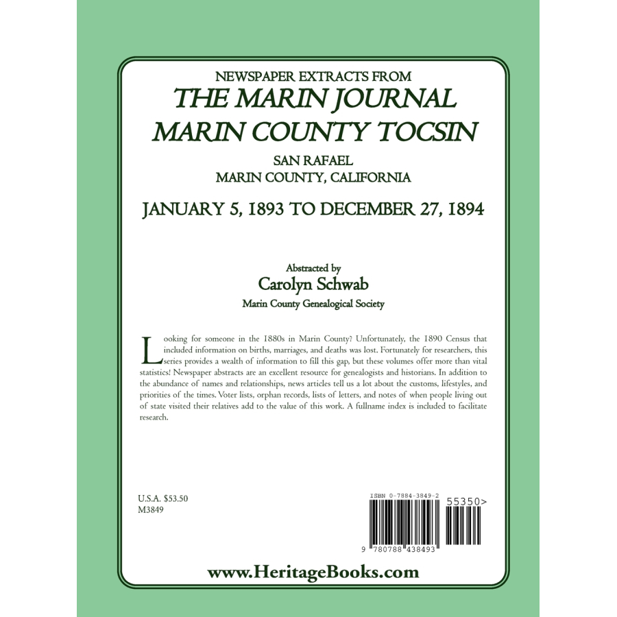 Newspaper Extracts from The Marin Journal, Marin County Tocsin, San Rafael, Marin County, California, January 5, 1893 to December 27, 1894 back cover