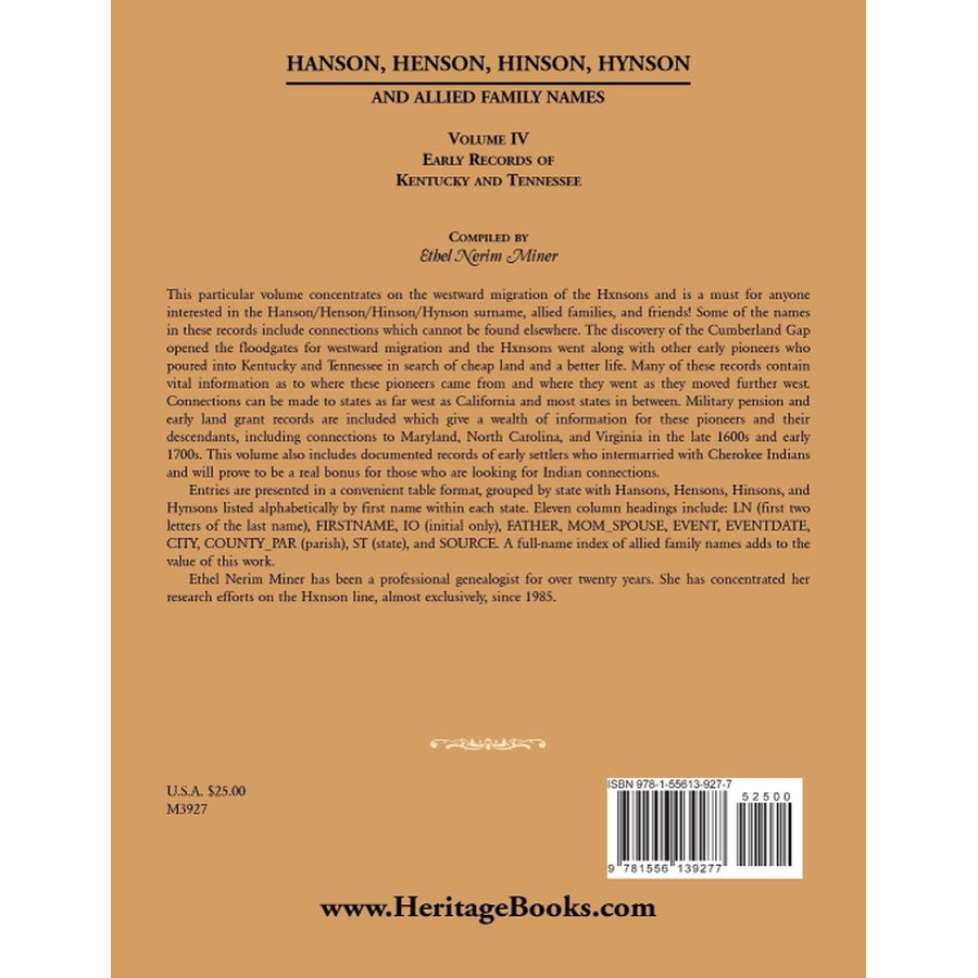 back cover of Hanson, Henson, Hinson, Hynson, and Allied Family Names, Volume 4: Early Records of Kentucky and Tennessee