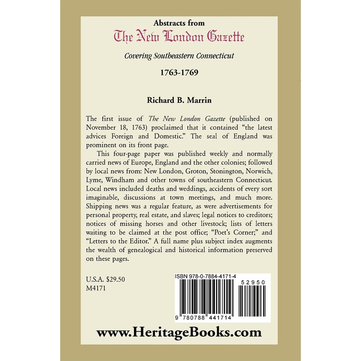 Abstracts from the New London Gazette covering Southeastern Connecticut, 1763-1769 back cover