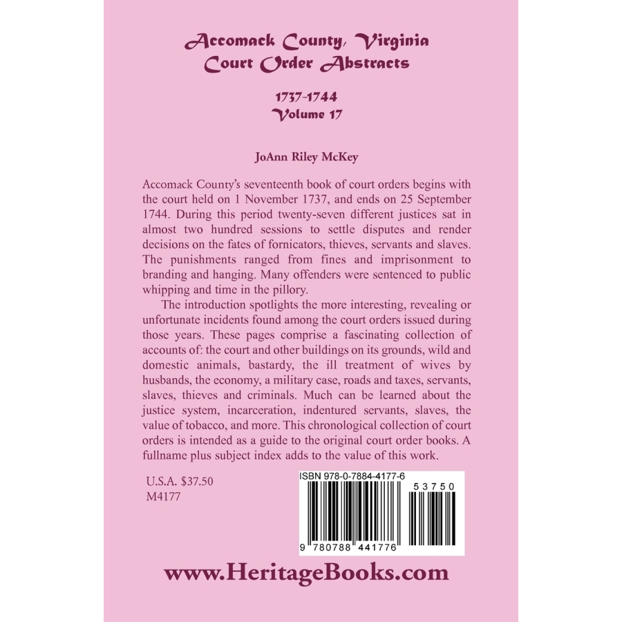 back cover of Accomack County, Virginia Court Order Abstracts, Volume 17: 1737-1744