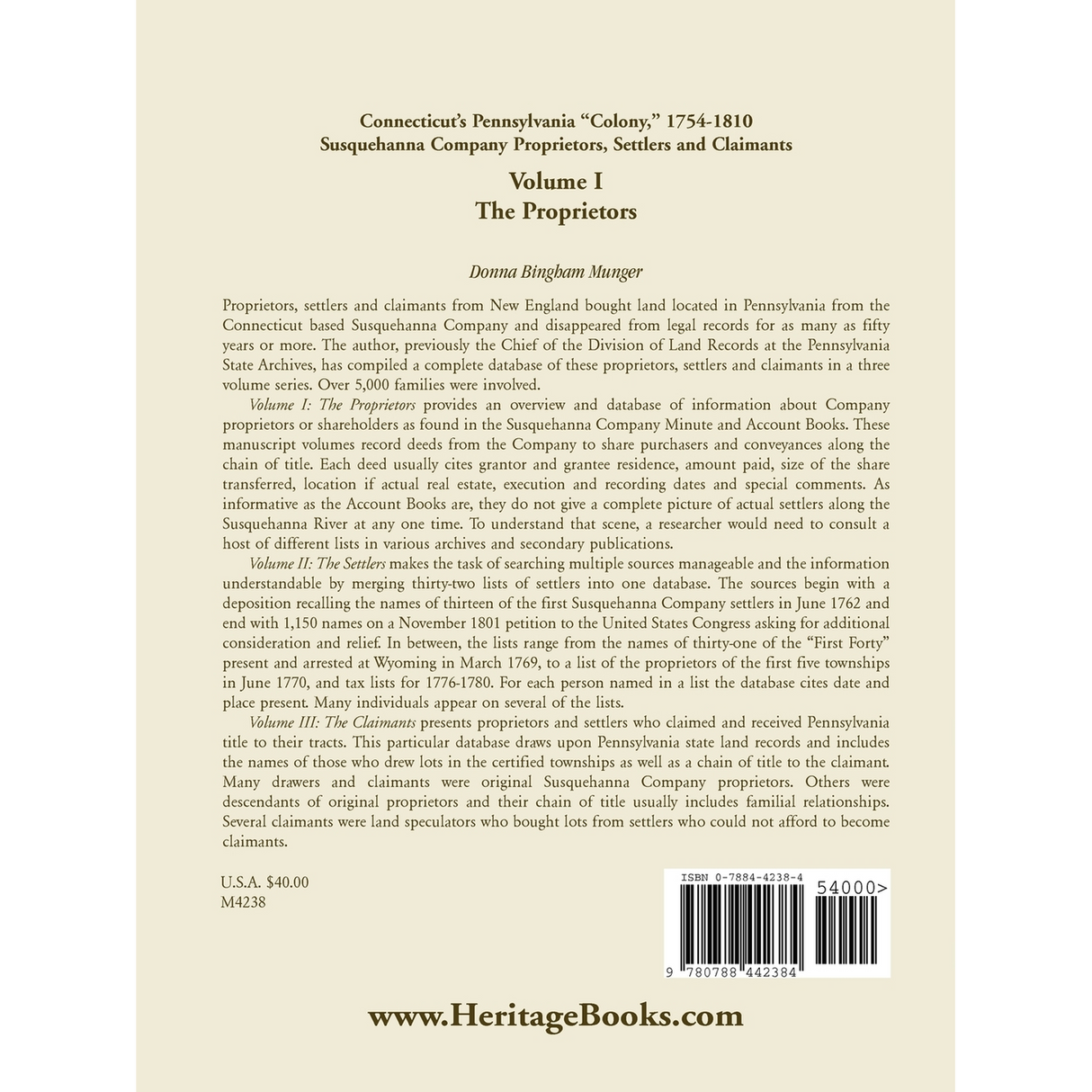 Connecticut's Pennsylvania "Colony": Susquehanna Company Proprietors, Settlers and Claimants: Volume 1, The Proprietors back cover