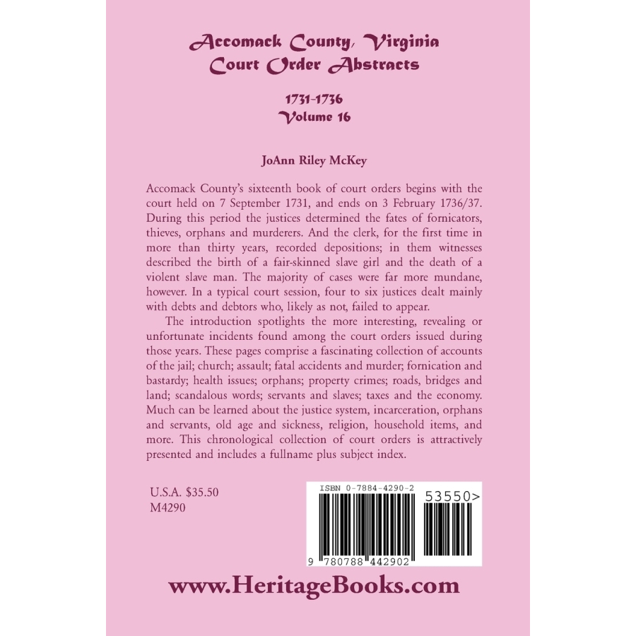 back cover of Accomack County, Virginia Court Order Abstracts, Volume 16: 1731-1736