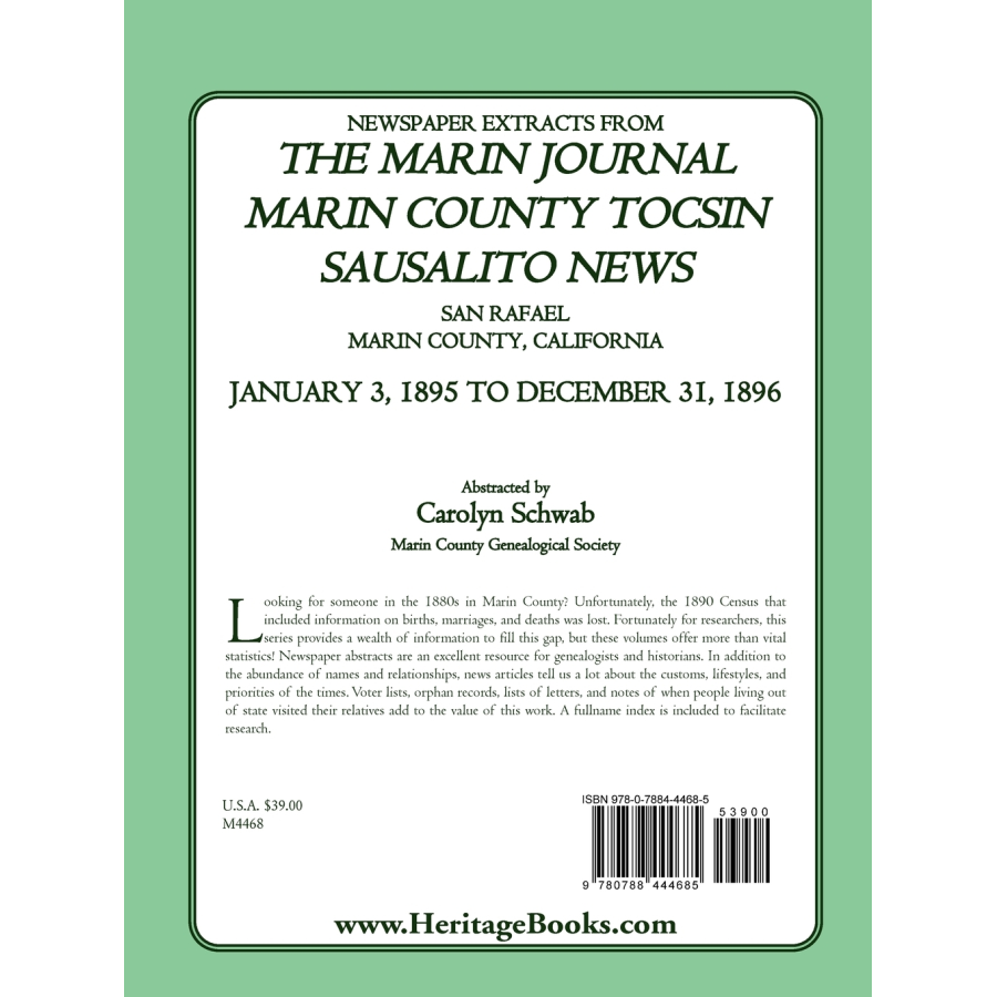 Newspaper Extracts from The Marin Journal, Marin County Tocsin, San Rafael, Marin County, California, January 3, 1895 to December 31, 1896 back cover