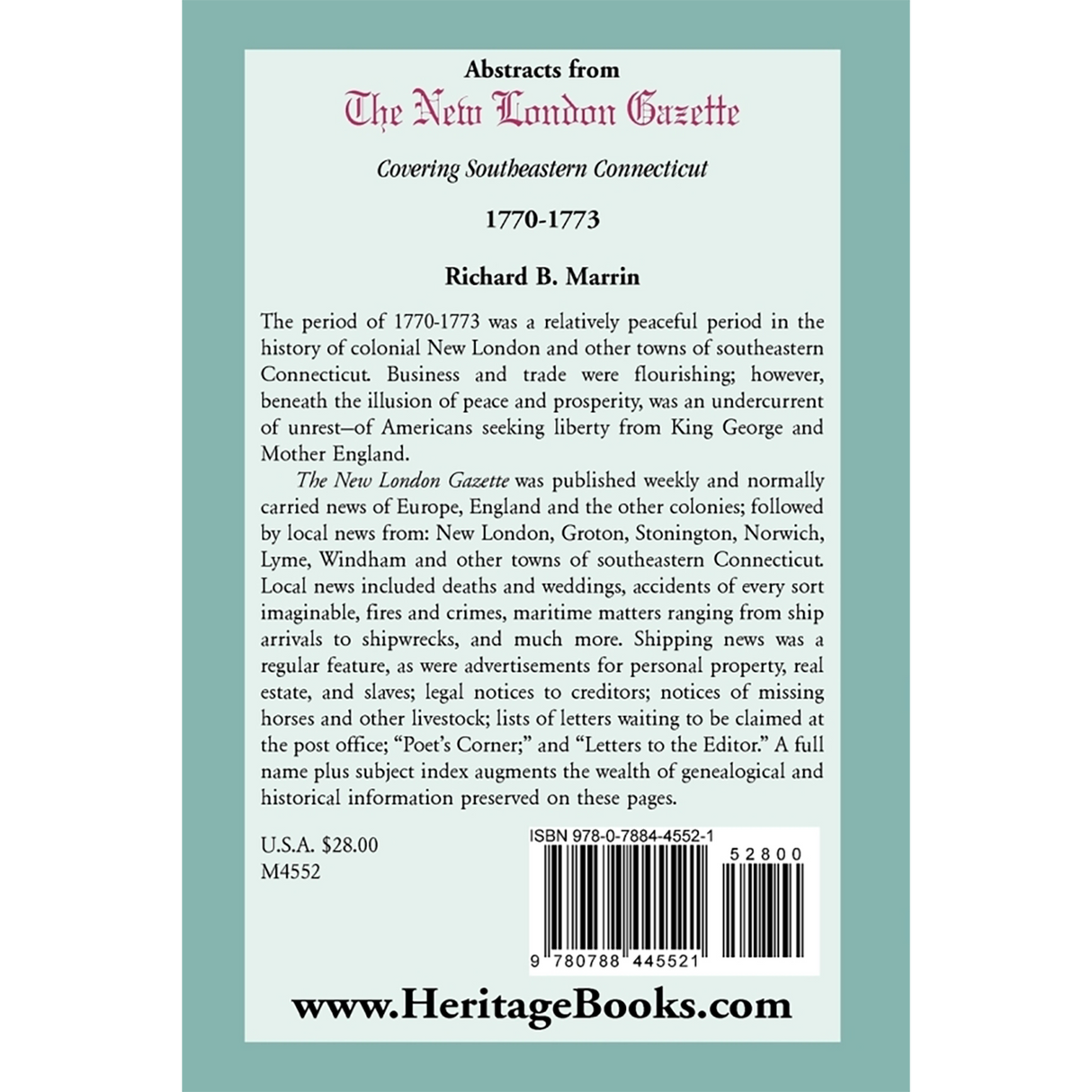Abstracts from the New London Gazette covering Southeastern Connecticut, 1770-1773 back cover