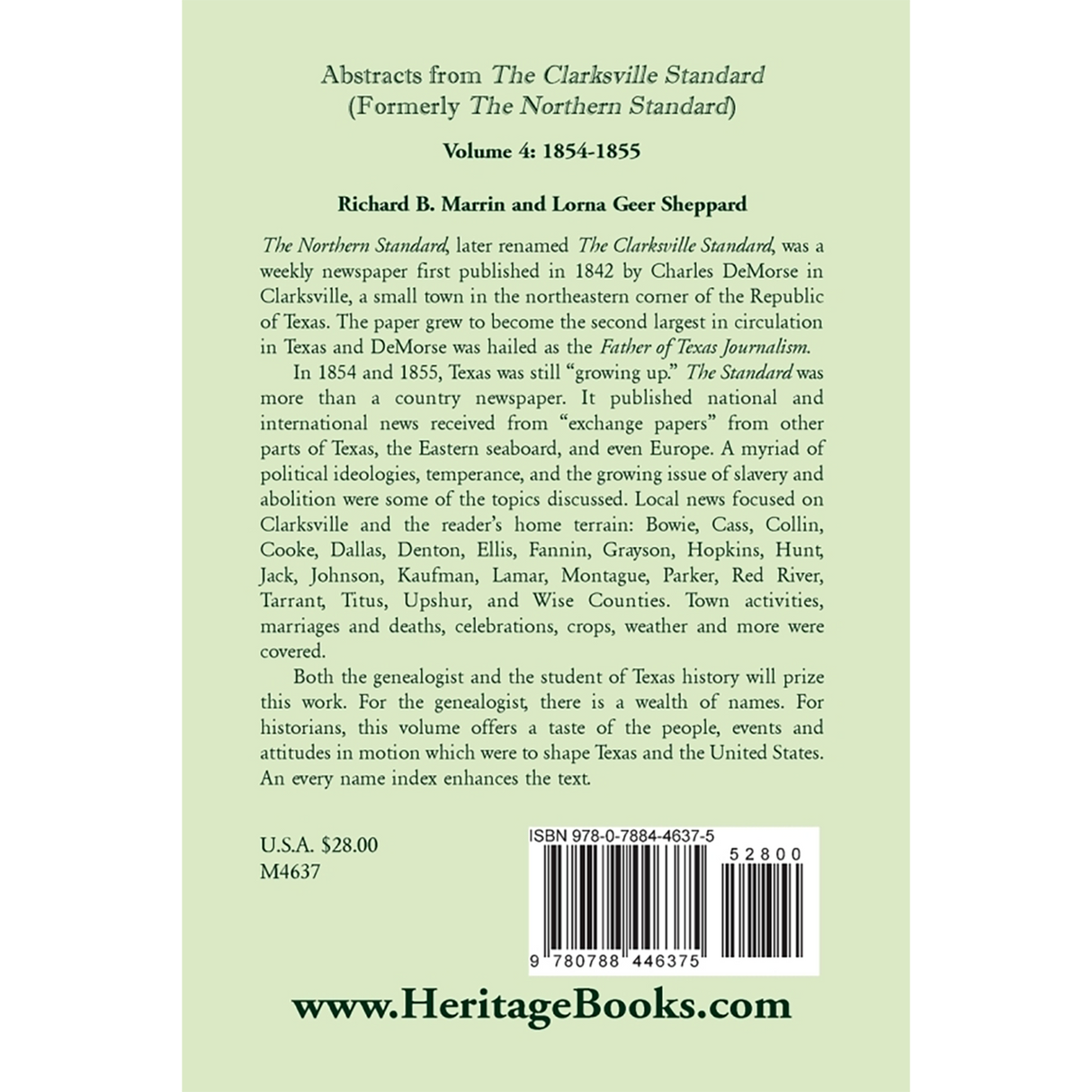 Abstracts from the Clarksville Standard (formerly the Northern Standard), Texas, Volume 4: 1854-1855 back cover