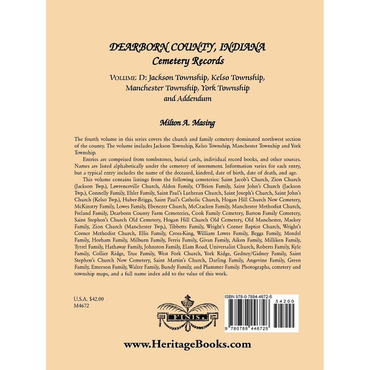 Dearborn County, Indiana, Cemetery Records, Volume D: Jackson Township, Kelso Township, Manchester Township, York Township and Addendum back cover
