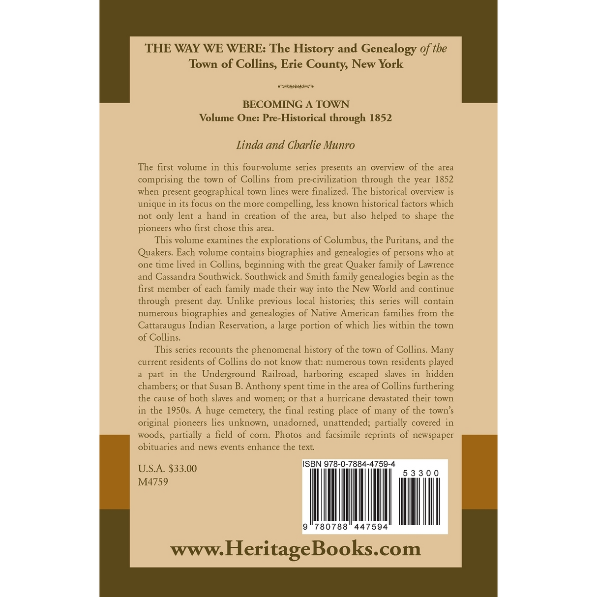 The Way We Were, The History and Genealogy of the Town of Collins [New York]: Becoming a Town Volume One, Pre-Historical Through 1852 back cover