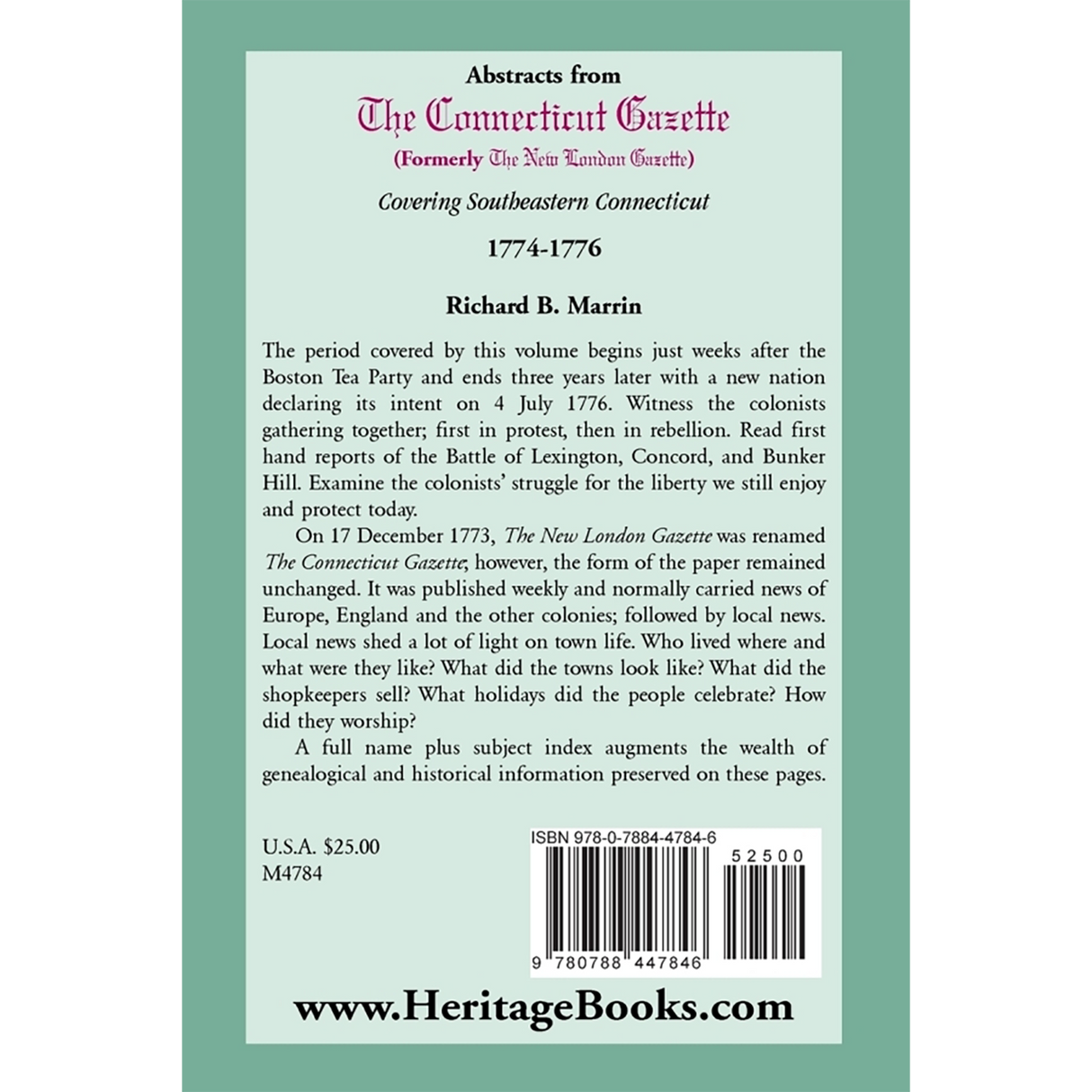 Abstracts from the Connecticut [formerly New London] Gazette covering Southeastern Connecticut, 1774-1776 back cover